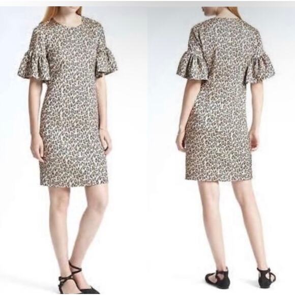 Banana Republic Leopard Animal Print Flutter Sleeve Sheath Dress Womens Size 6 - Picture 1 of 9